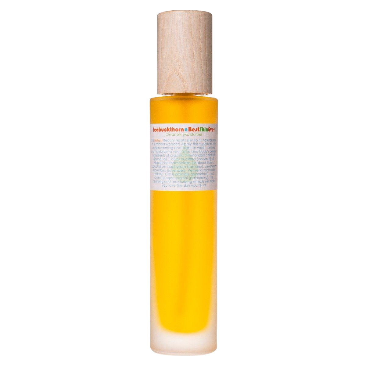 A cylindrical bottle filled with vibrant yellow liquid, which seems to be skincare oil. The bottle features a wooden cap and a label with text wrapped around its upper portion. The product name "Best Skin Ever Cleanser - Seabuckthorn" from Living Libations is clearly visible on the label, emphasizing its infusion of botanical compounds and organic oils.