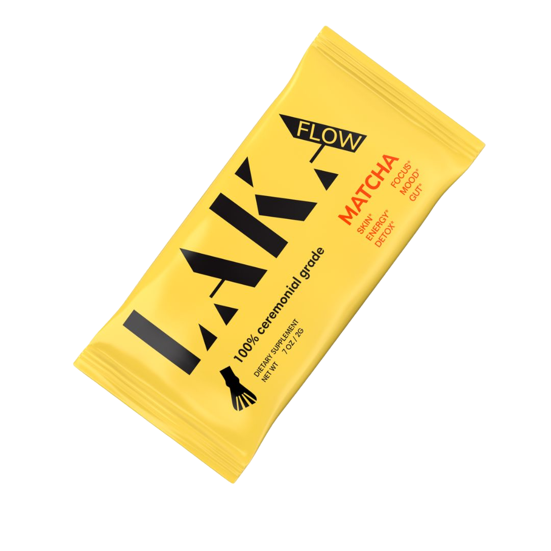 A yellow packet labeled "LAKA Matcha™ Sticks" contains 100% ceremonial-grade matcha green tea powder. It boasts benefits like boosting energy, focus, and even supporting energy and metabolism. The package has a small whisk icon and states a net weight of 1.0 ounces, perfect for LAKA enthusiasts.