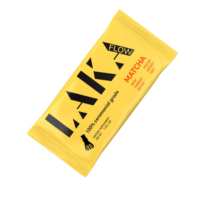 A yellow packet labeled "LAKA Matcha™ Sticks" contains 100% ceremonial-grade matcha green tea powder. It boasts benefits like boosting energy, focus, and even supporting energy and metabolism. The package has a small whisk icon and states a net weight of 1.0 ounces, perfect for LAKA enthusiasts.