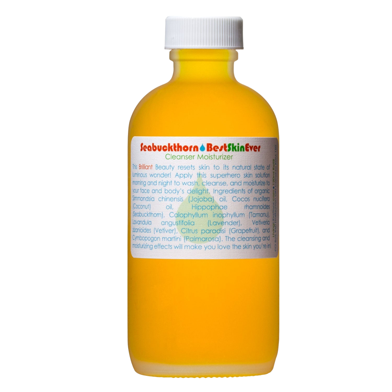 A bottle from Living Libations, colored yellow with a white cap and labeled "Best Skin Ever Cleanser - Seabuckthorn," contains a cleanser and moisturizer infused with organic oils. The label outlines the product's benefits and ingredients, promising to reset the skin while offering effective cleansing and moisturizing effects.