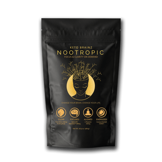 A black pouch adorned with gold illustrations and text displays "Keto Brainz Nootropic Creamer" from Keto Brainz Nootropics. It includes the phrases "Focus & Clarity On Demand" and "Change Your Brain, Change Your Life." Icons below highlight benefits such as clear focus, focused energy, mental alignment, and being energized with Lion's Mane Mushroom. Net weight 5.1 oz.
