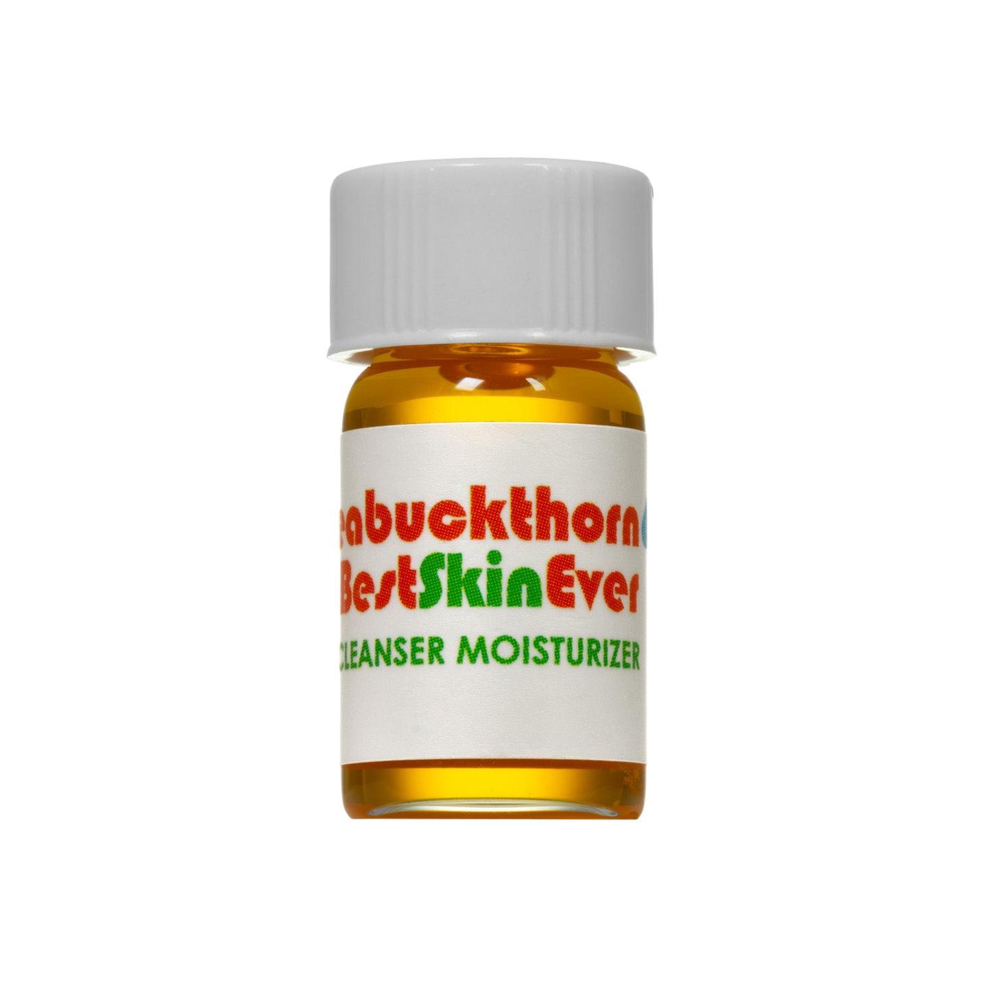 A small glass bottle with a white cap contains a golden liquid. The label features the product name "Best Skin Ever Cleanser - Seabuckthorn" by Living Libations in red and green text. Enriched with botanical compounds, the design is simple and focuses on emphasizing the product name.