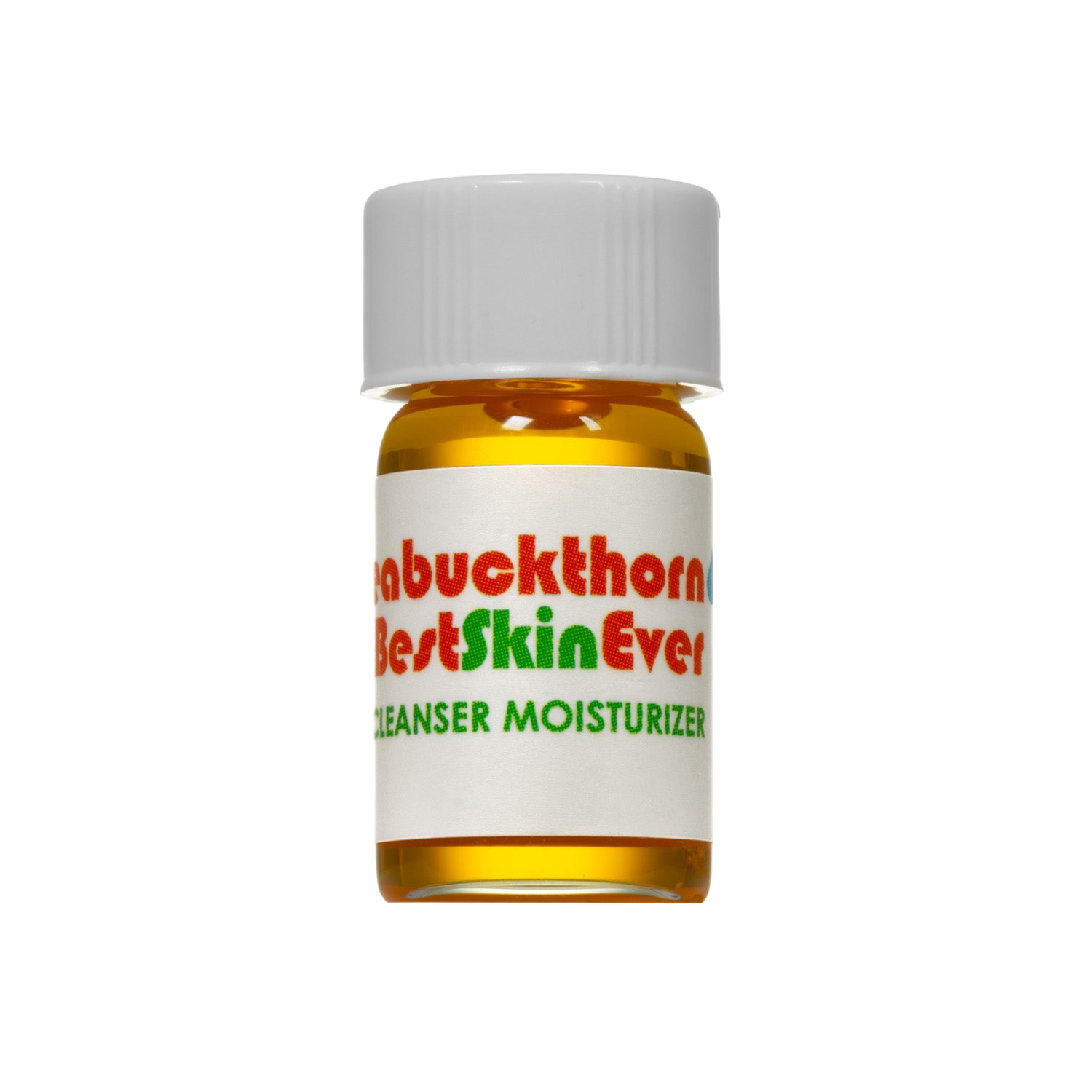 A small glass bottle with a white cap contains a golden liquid. The label features the product name "Best Skin Ever Cleanser - Seabuckthorn" by Living Libations in red and green text. Enriched with botanical compounds, the design is simple and focuses on emphasizing the product name.