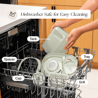 A person places components such as a tank, tray, grill, cap, and spacer of the Bedside Humidifier 2.0 by Canopy in an open dishwasher. The text reads "Dishwasher Safe for Easy Cleaning," ensuring convenience every time. Proudly fulfilled by Canopy.