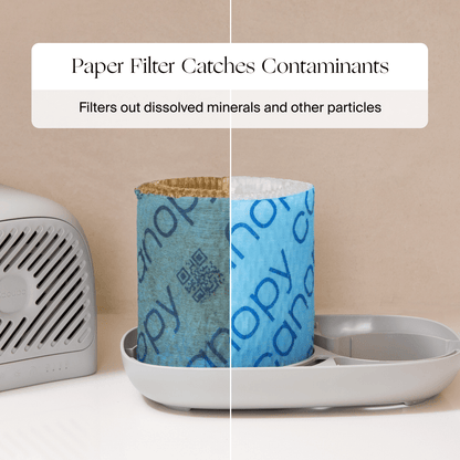 A split image of a humidifier filter shows it pristine on the left and capturing contaminants on the right. The caption reads, "Paper Filter Catches Contaminants - Filters out dissolved minerals and particles." Fulfilled by Canopy for top quality. Product: Bedside Humidifier 2.0 by Canopy.