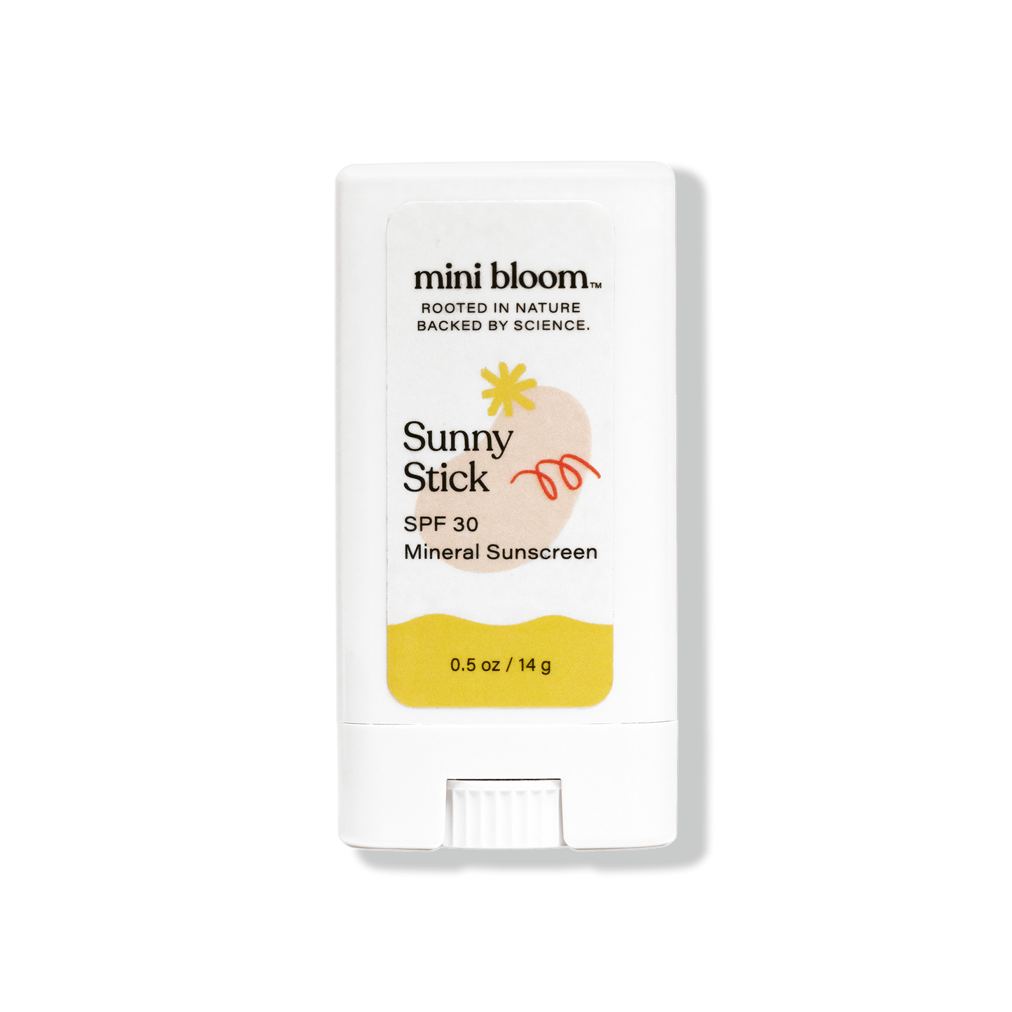 A white stick container of Sunny Stick Mineral Sunscreen by mini bloom, labeled as SPF 30 for babies. The packaging features a small sun illustration and has a net weight of 0.5 oz (14 g). The top reads, "Rooted in Nature, Backed by Science.