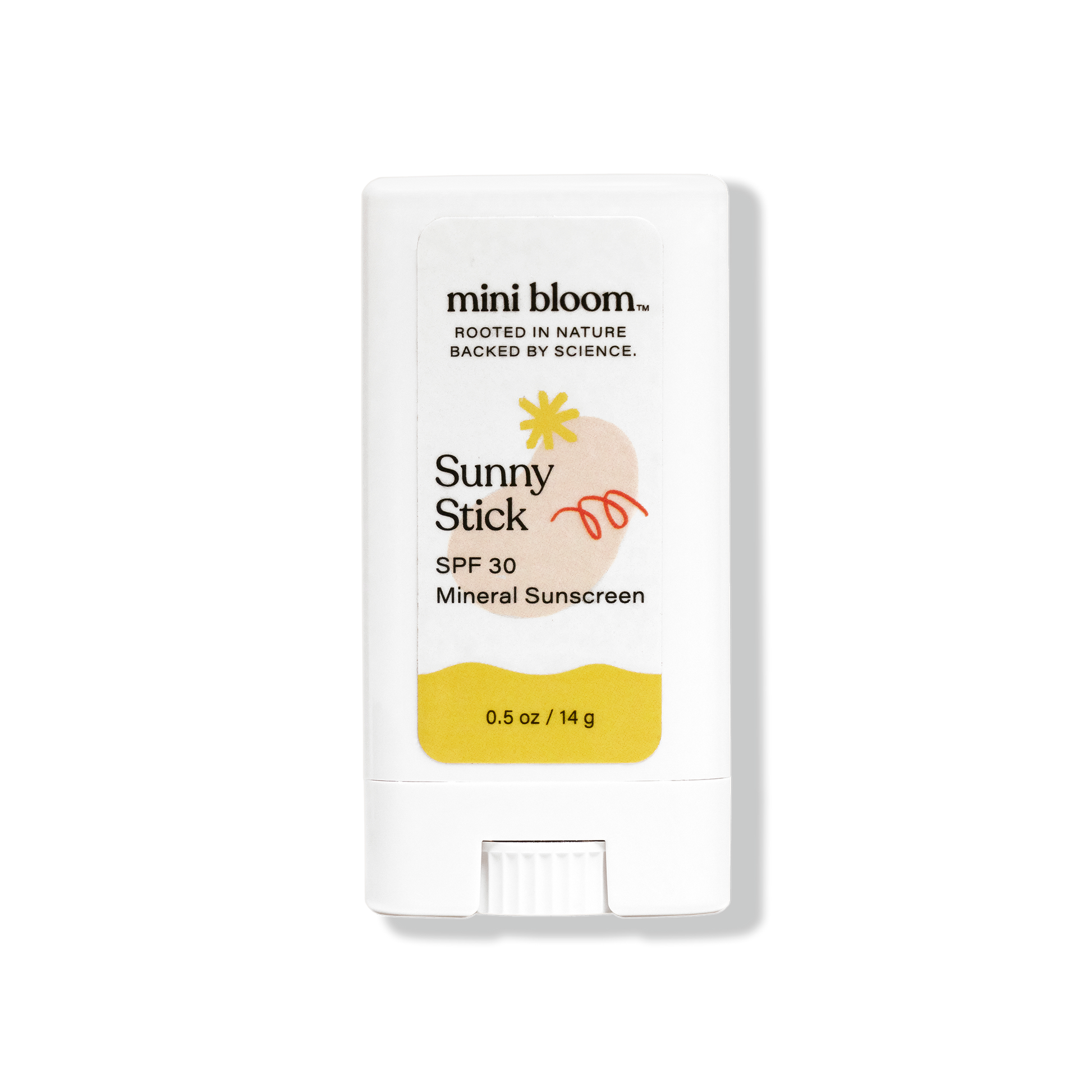 A white stick container of Sunny Stick Mineral Sunscreen by mini bloom, labeled as SPF 30 for babies. The packaging features a small sun illustration and has a net weight of 0.5 oz (14 g). The top reads, "Rooted in Nature, Backed by Science.