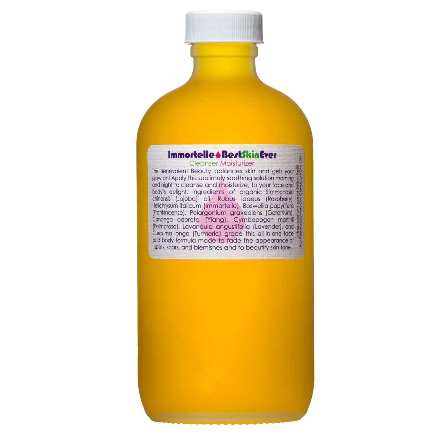 The "Best Skin Ever Cleanser- Immortelle" by Living Libations is presented in a yellow bottle with a white cap. The label, which provides a description and an ingredients list, highlights its purpose as a skin care product aimed at achieving complexion perfection. It contains various essential oils and natural extracts, making it suitable for individuals with skin sensitivities.