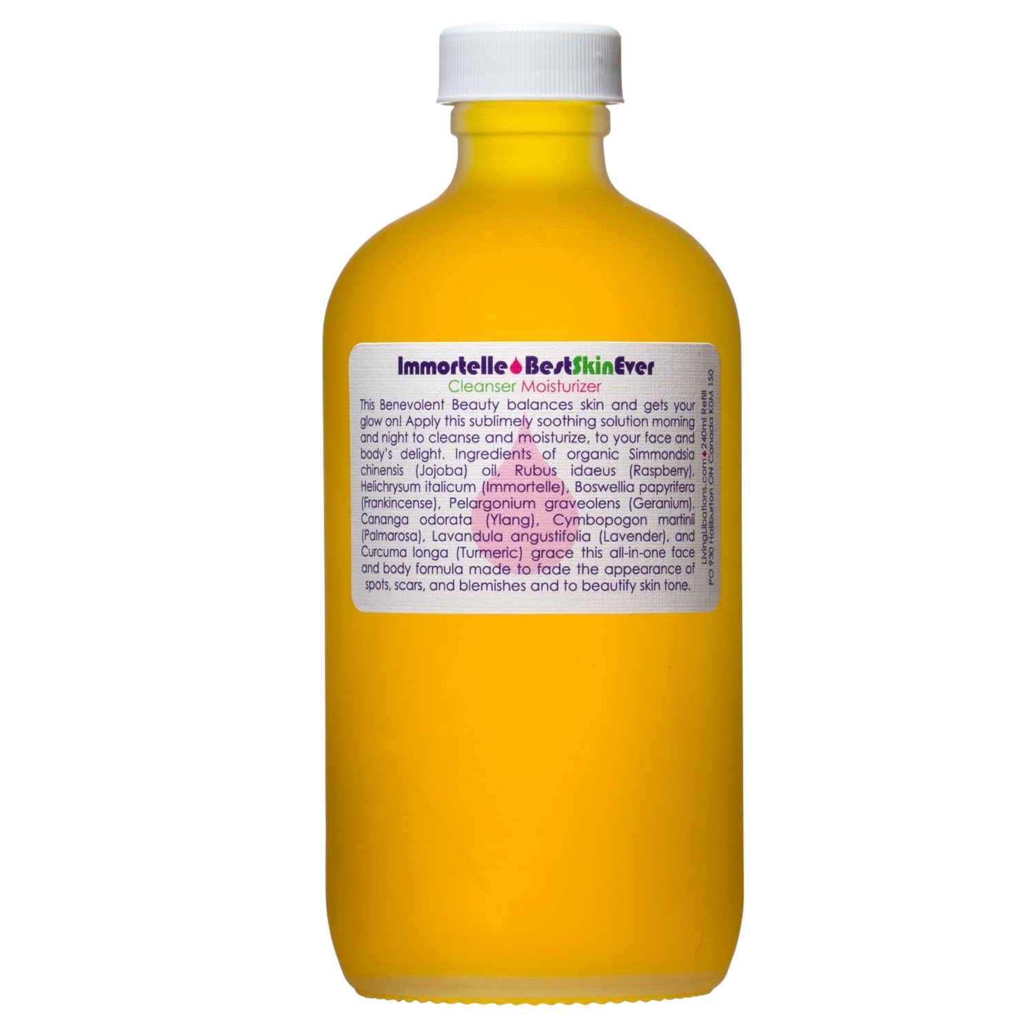 The "Best Skin Ever Cleanser- Immortelle" by Living Libations is presented in a yellow bottle with a white cap. The label, which provides a description and an ingredients list, highlights its purpose as a skin care product aimed at achieving complexion perfection. It contains various essential oils and natural extracts, making it suitable for individuals with skin sensitivities.