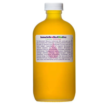 The "Best Skin Ever Cleanser- Immortelle" by Living Libations is presented in a yellow bottle with a white cap. The label, which provides a description and an ingredients list, highlights its purpose as a skin care product aimed at achieving complexion perfection. It contains various essential oils and natural extracts, making it suitable for individuals with skin sensitivities.