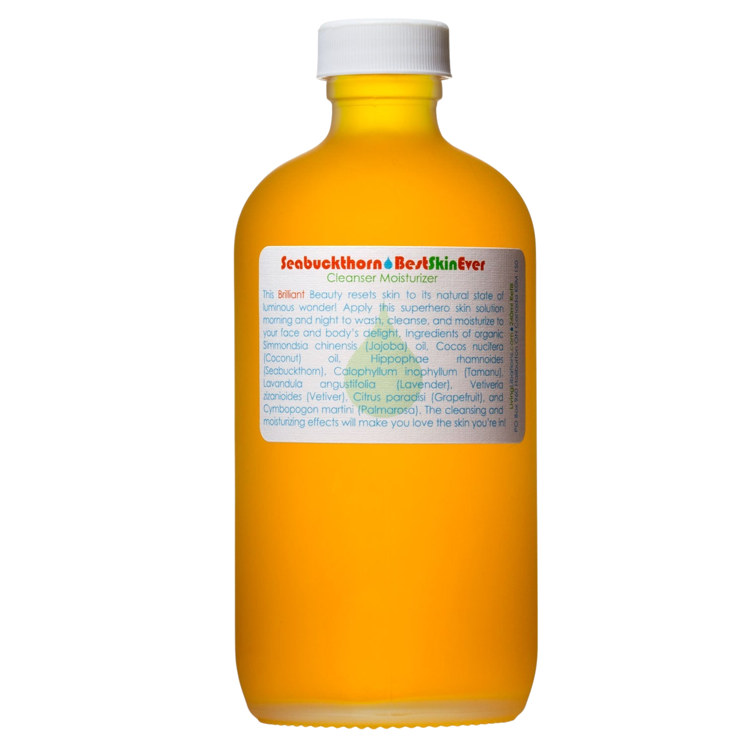 An orange bottle with a yellow cap features a label for Living Libations' "Best Skin Ever Cleanser - Seabuckthorn." The label provides a description and emphasizes the presence of organic oils and botanical compounds among its ingredients.