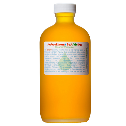 An orange bottle with a yellow cap features a label for Living Libations' "Best Skin Ever Cleanser - Seabuckthorn." The label provides a description and emphasizes the presence of organic oils and botanical compounds among its ingredients.