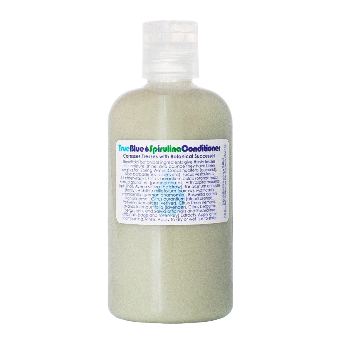 A white bottle of Living Libations True Blue Spirulina Conditioner with a white flip-top cap. The label, adorned with blue and green text, details the product's features and ingredients, including azulene essential oils. Perfect for dry hair, the conditioner boasts a creamy light green color.