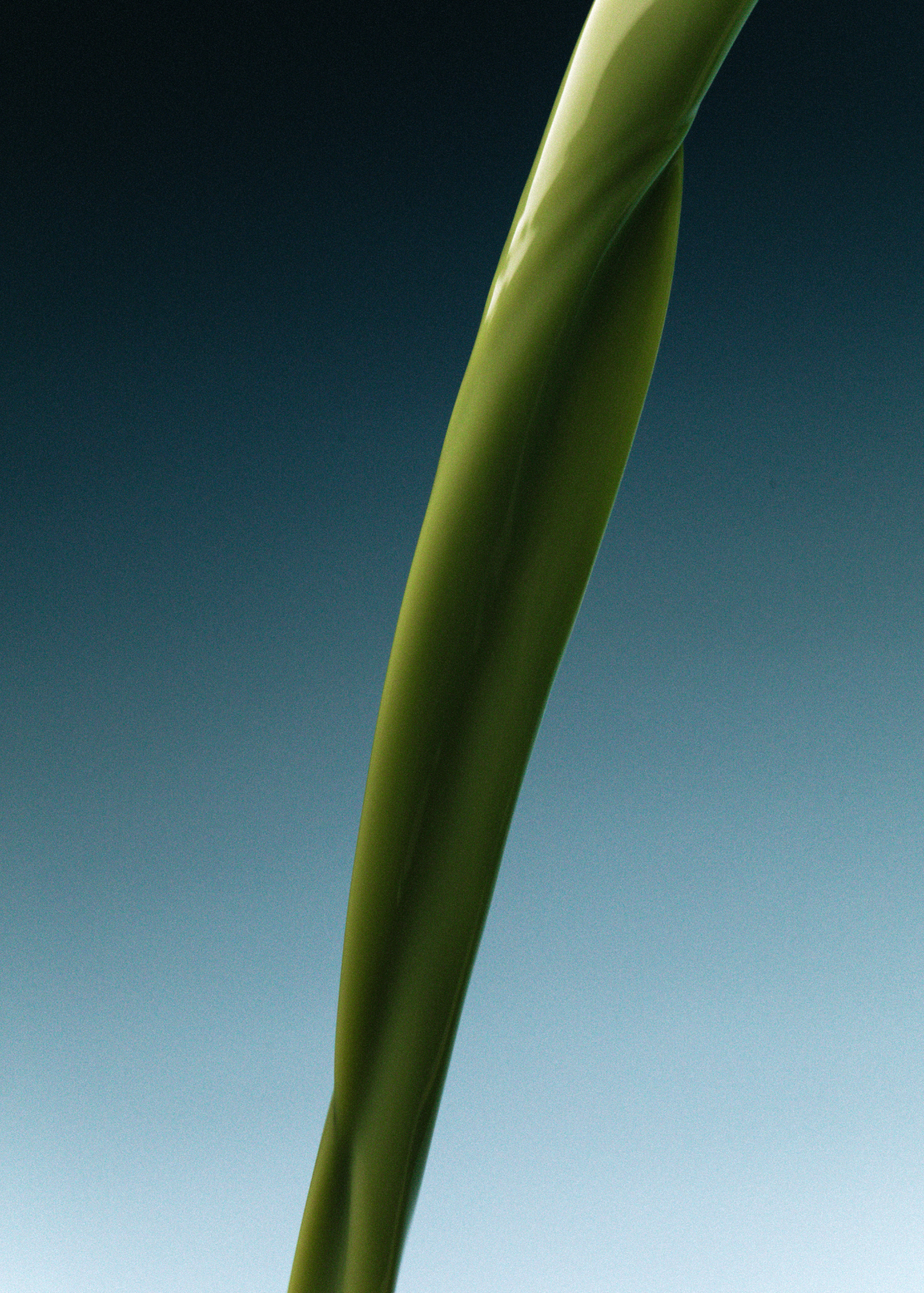 A stream of green liquid, reminiscent of LAKA Matcha™ Sticks, gracefully flows against a gradient background transitioning from dark blue at the top to light blue at the bottom. The texture of the liquid appears smooth and glossy, capturing light reflections and embodying the essence of LAKA.