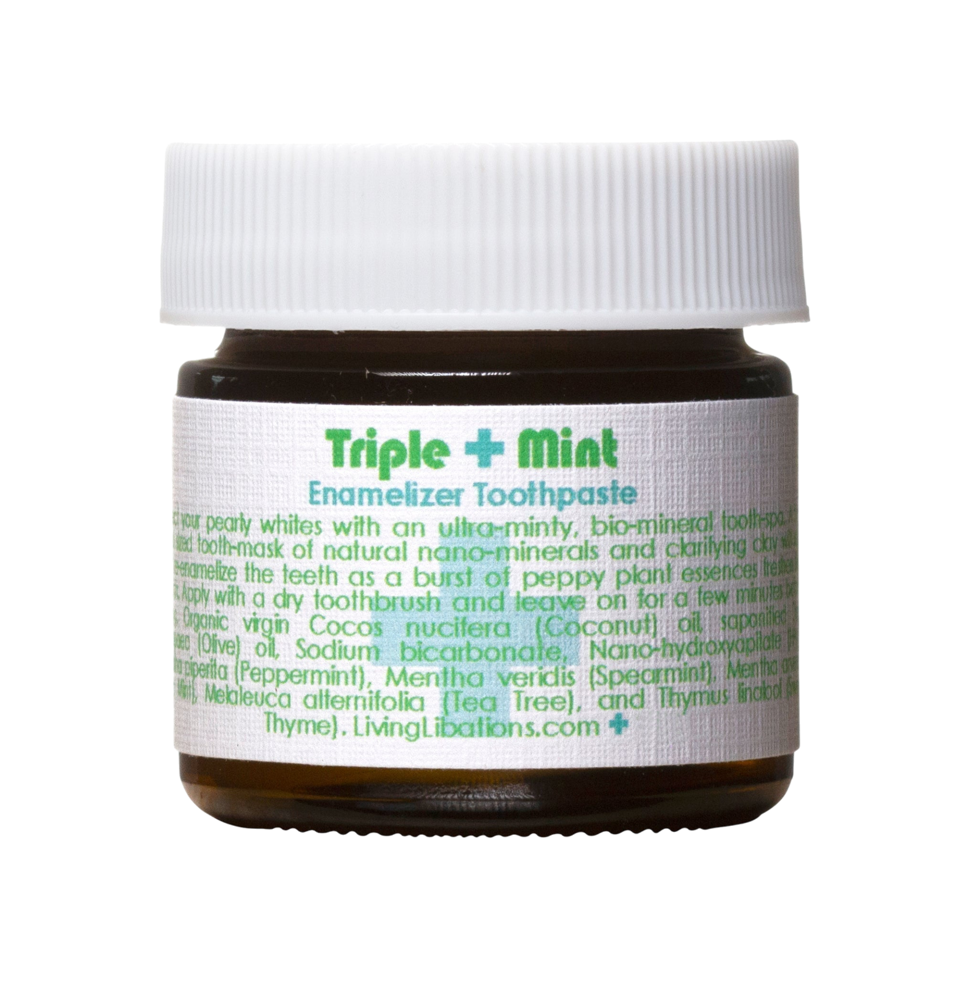 A small jar of Triple Mint Enamelizer Toothpaste from Living Libations highlights its organic ingredients, which include nano-hydroxyapatite, coconut oil, spearmint, and essential oils of tea tree and thyme.