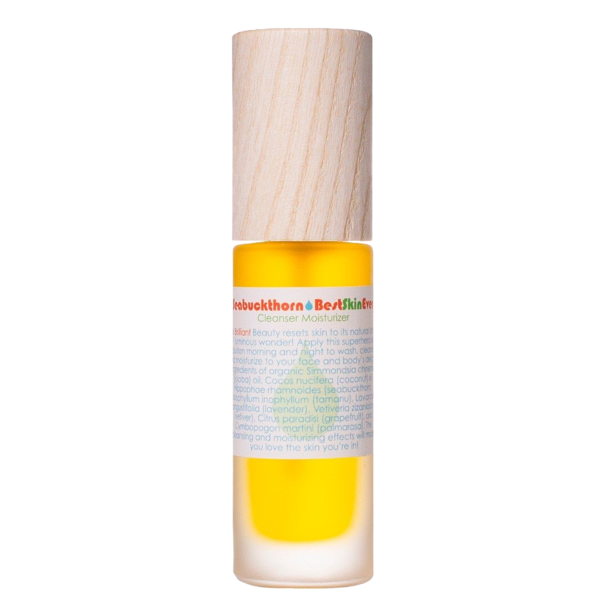 A small cylindrical bottle with a wooden cap, containing a yellow liquid labeled "Best Skin Ever Cleanser - Seabuckthorn" by Living Libations. The label includes detailed text about the product's use as a cleanser and moisturizer, enriched with organic oils and botanical compounds.