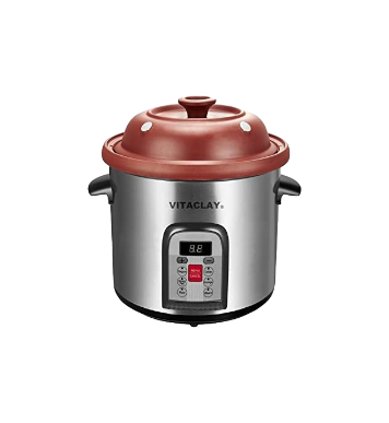 The VitaClay® Chef 6-in-1 Organic Clay Multi-Cooker, 6 Quart, features a digital display and control panel on the front. This stainless steel appliance is equipped with black side handles and includes an organic clay pot ideal for preparing bone broth, accompanied by a matching lid for versatile cooking options.