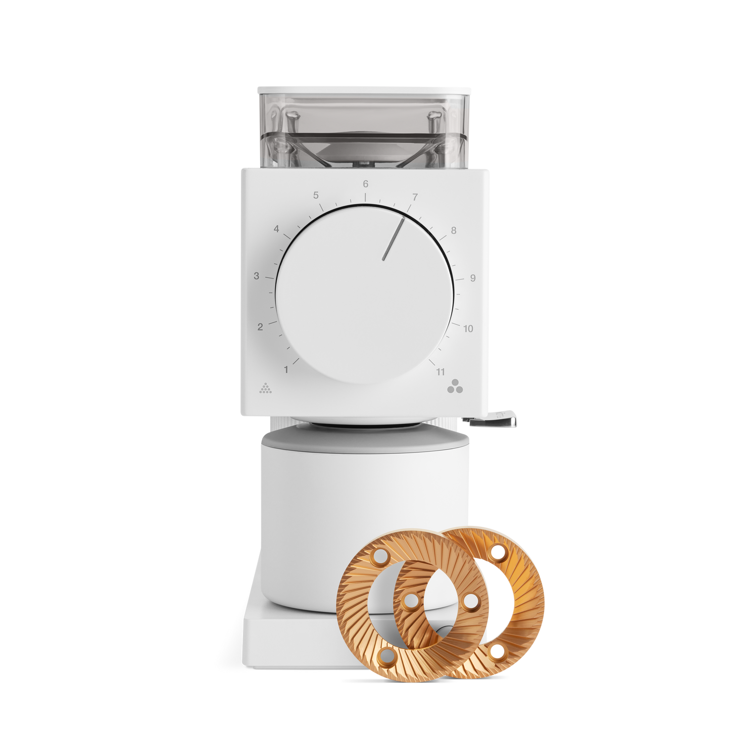 The Ode Brew Grinder from Fellow Wholesale is a white electric coffee grinder featuring a numbering dial on the front, set to 7. It comes equipped with Gen 2 Brew Burrs and offers 31 grind settings for precision. The grinder includes a transparent bean hopper on top and a small handle on the side, with two golden burr grinder plates displayed in front of the machine.