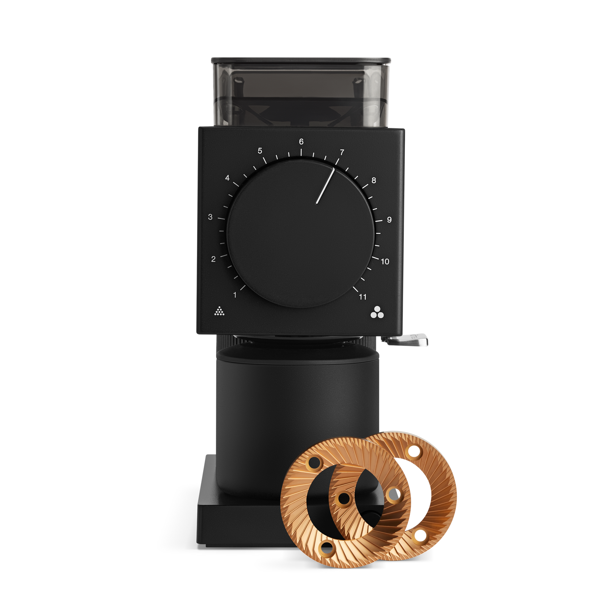 The Fellow Wholesale Ode Brew Grinder, featuring a sleek black design with a square top and a large circular dial in the center, is displayed. Beside the grinder, two golden Gen 2 Brew Burrs are showcased, highlighting its innovative components. Set against a black background, the grinder and burrs stand out with their impressive 31 grind settings and anti-static technology.