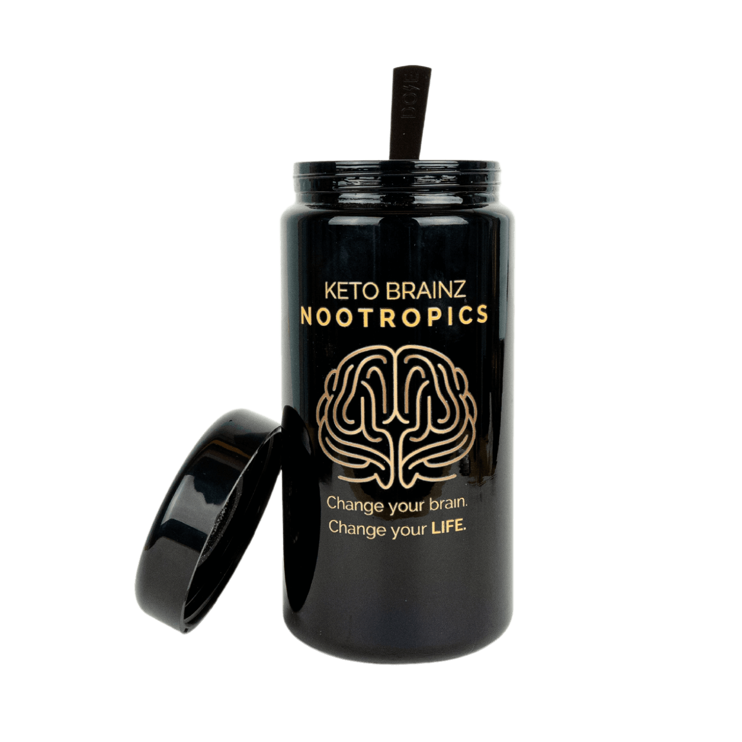 A black tumbler with a straw and an open lid beside it, branded with "Keto Brainz Nootropics" and the phrase “Change your brain. Change your life.” above an illustration of a brain, pairs perfectly with your Keto Brainz + Miron Glass Countertop Jar to optimize counter space efficiently.