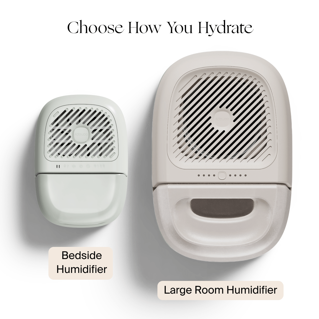 The image displays two humidifiers on a light background. The left, "Bedside Humidifier 2.0" by Canopy, and the right, "Large Room Humidifier," both boast modern vented designs. Text above says, "Choose How You Hydrate and Feel Fulfilled Under the Canopy of Comfort.