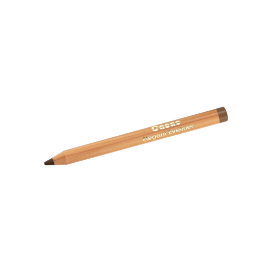 A light brown crayon-like makeup pencil labeled "CACAO Elegant Eyeliner" from Living Libations lies on a white surface. The high-glide pencil liner, with its wooden body and dark brown tip and end, promises an effortless application.