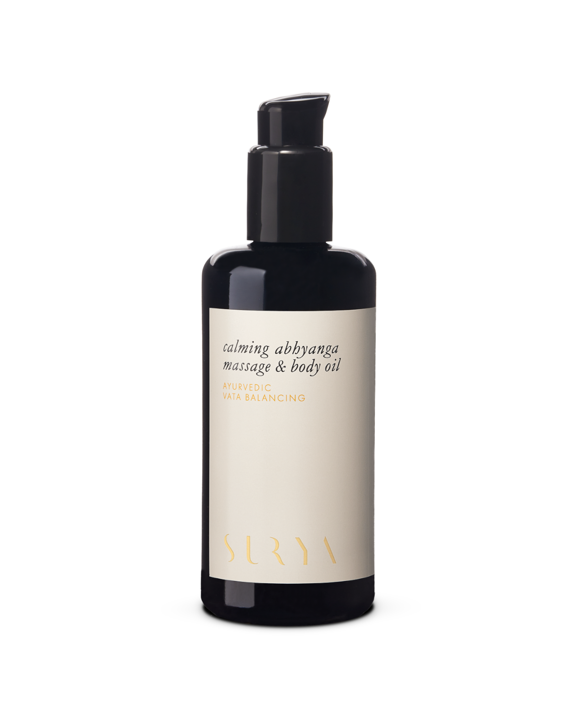 A dark bottle of herbal blend massage and body oil with a pump dispenser. The label reads "Calming Massage & Body Oil, Ayurvedic Vata Balancing." Designed for mental and physical equilibrium, the brand name "Surya" appears at the bottom of the label.