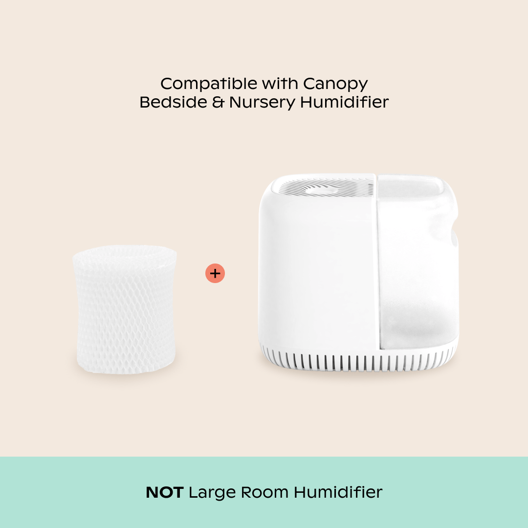 Image of a humidifier filter and compact white unit on beige background. Text: "Compatible with Canopy Bedside & Nursery Humidifier" at top, "NOT for Large Room Humidifier" at bottom; features anti-microbial wood pulp filters. Product: Bedside Humidifier Filter 3-Pack by Canopy.