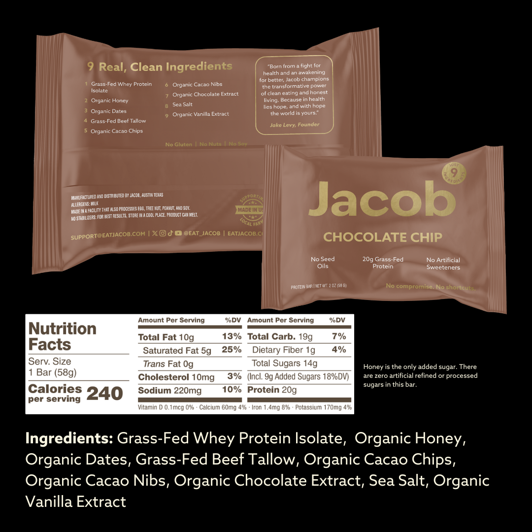 The image features a package of The Jacob Bar, a chocolate chip protein bar branded as "Jacob Bar." The front of the package prominently showcases the tagline "9 Real, Clean Ingredients" and includes a list of nutritional facts. The ingredients boast 100% organic cacao and grass-fed whey protein.