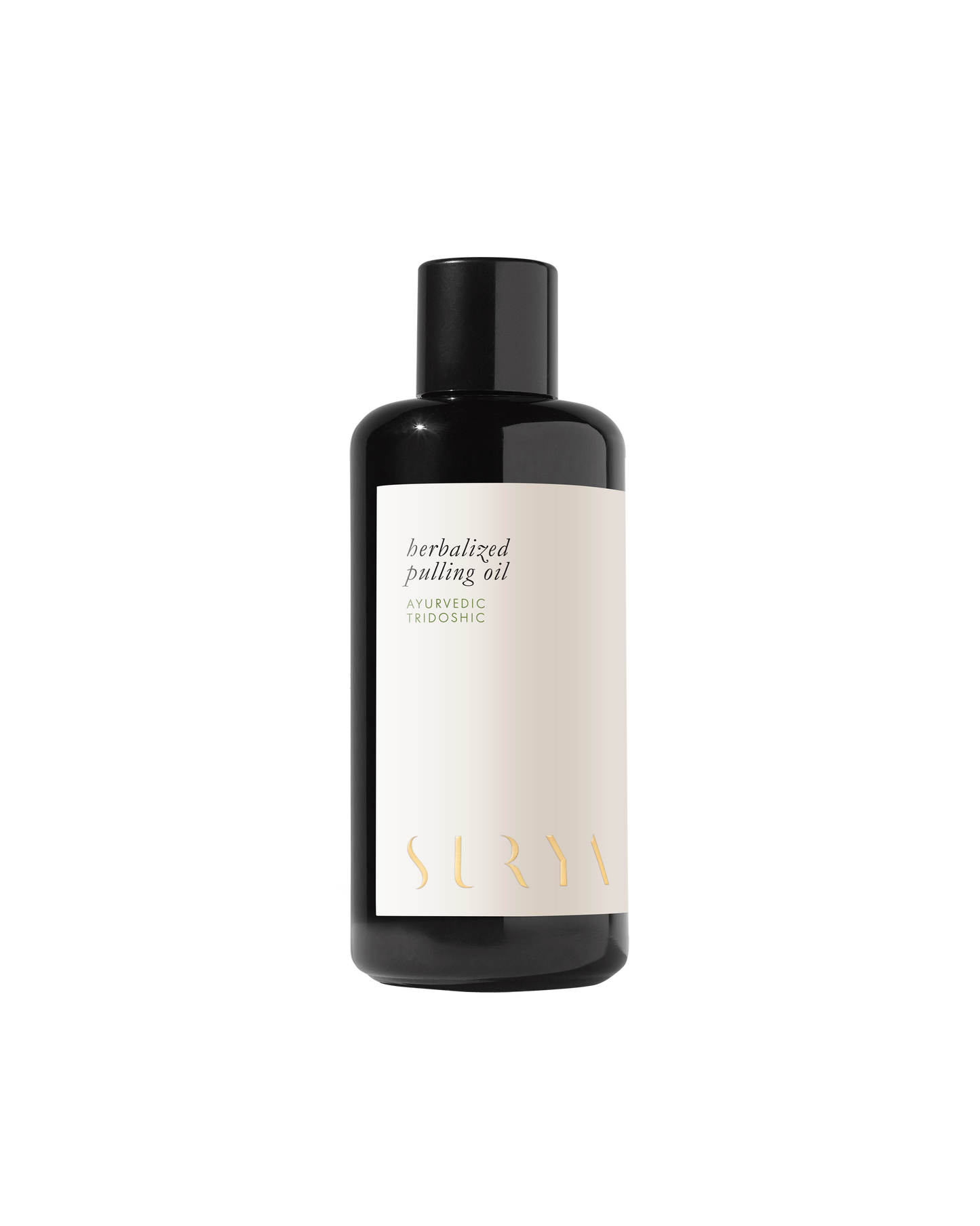 A dark-colored bottle with a black cap, labeled "Herbalized Pulling Oil." The minimalist design features clean lines with the word "Surya" written in a stylized font at the bottom of the label, emphasizing its roots in Ayurveda and traditional oil pulling practices.