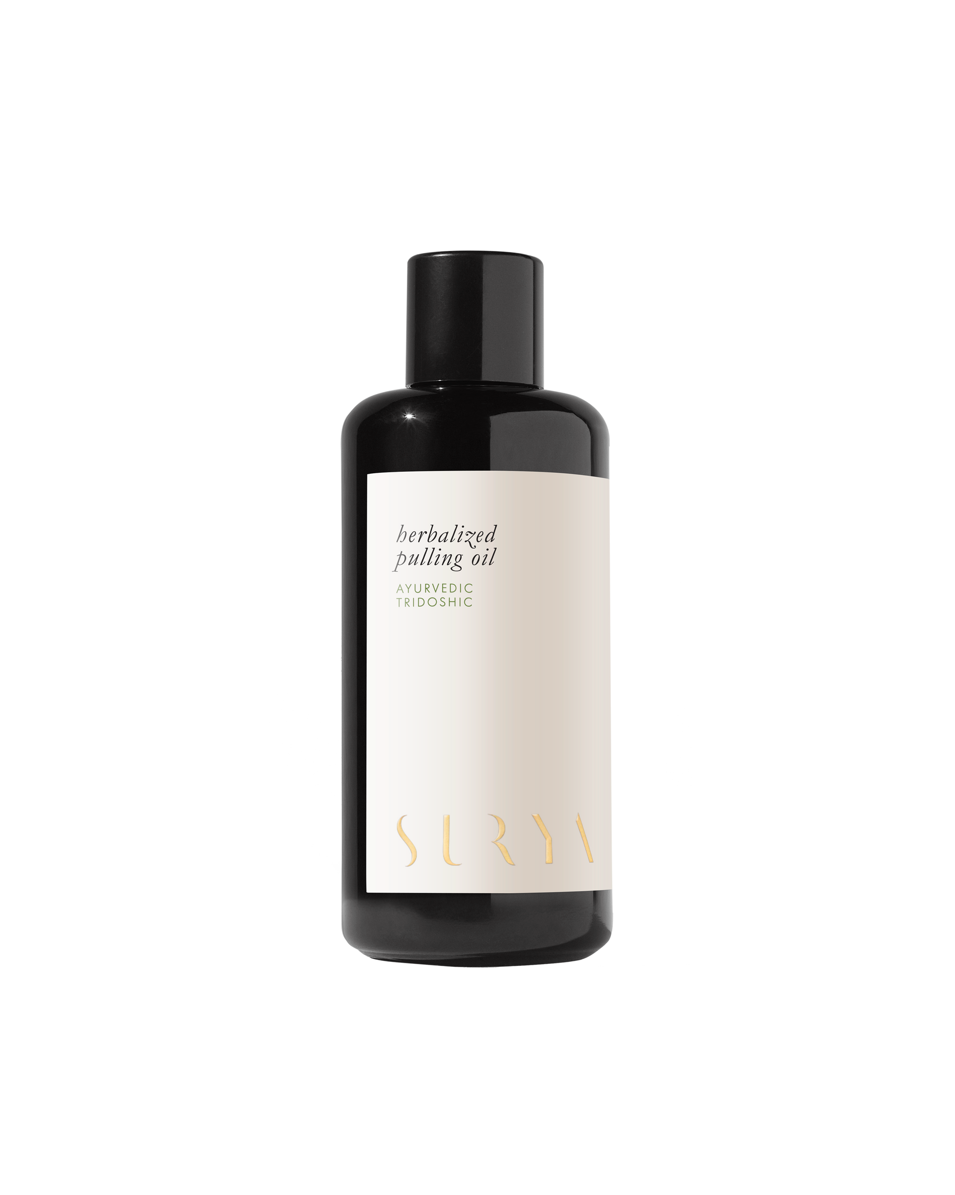 A dark-colored bottle with a black cap, labeled "Herbalized Pulling Oil." The minimalist design features clean lines with the word "Surya" written in a stylized font at the bottom of the label, emphasizing its roots in Ayurveda and traditional oil pulling practices.