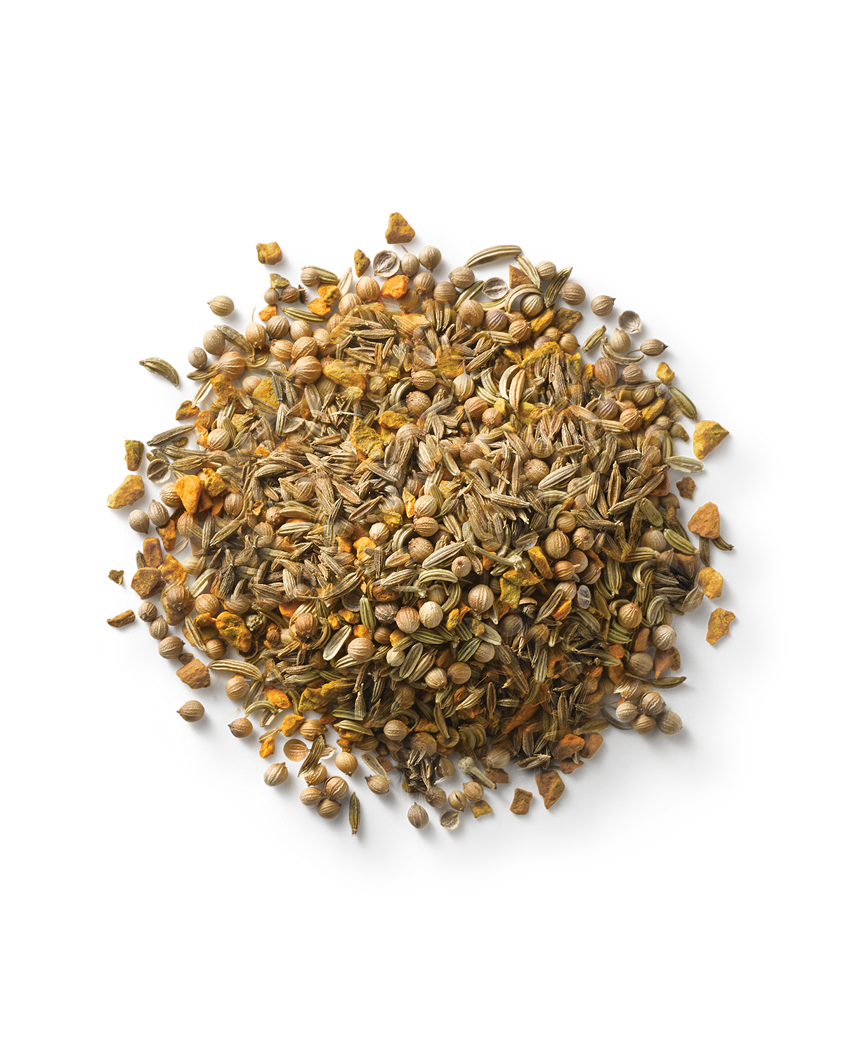 A close-up image of a pile of mixed spices, including fennel seeds, coriander seeds, and orange peel. The mixture appears varied in color, with light green and brown hues dominating the composition. It's perfect for creating Surya's Balancing Digestive Tea to reduce bloating.