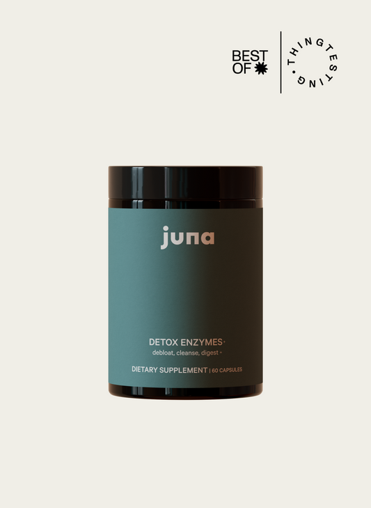 A bottle of Juna's Detox Digestive Enzymes dietary supplement displays a dark green label with the words "debloat, cleanse, digest." It contains 60 capsules enriched with digestive enzymes and features "Best of Thingtesting" in the top right corner.