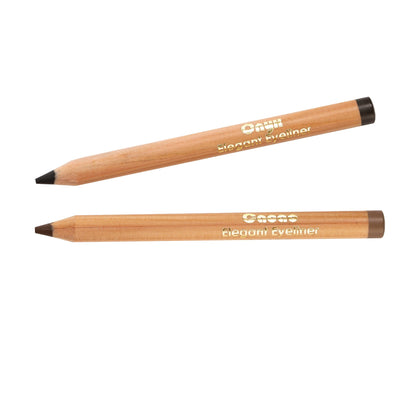 Two wooden eyeliner pencils are shown. The top pencil, branded as "Living Libations Onyx Elegant Eyeliner," has a black tip, while the bottom pencil features a dark brown tip. Both barrels are inscribed with "Elegant Eyeliner" in golden text and boast an organic formula for smooth application.