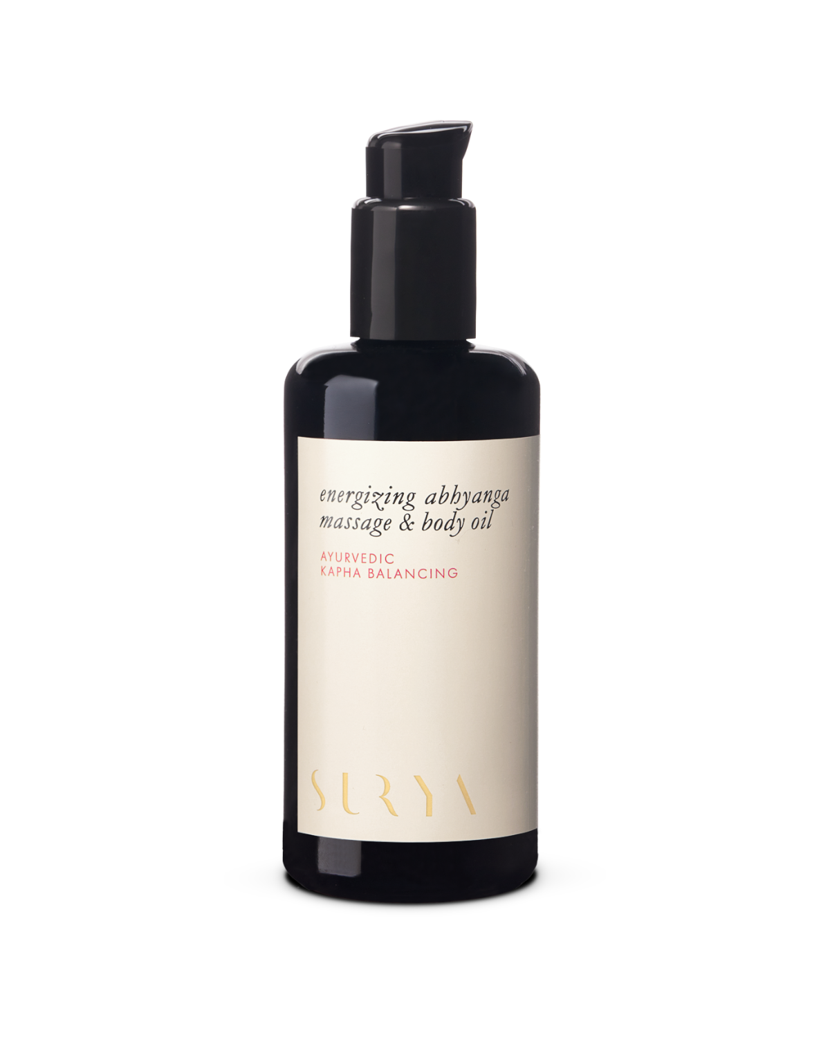 A sleek, dark bottle with a pump dispenser contains "Energizing Body Oil." The label emphasizes its "Ayurvedic Kapha Balancing" properties and prominently features the brand name "Surya," making it perfect for individuals looking to balance their Kapha dosha.