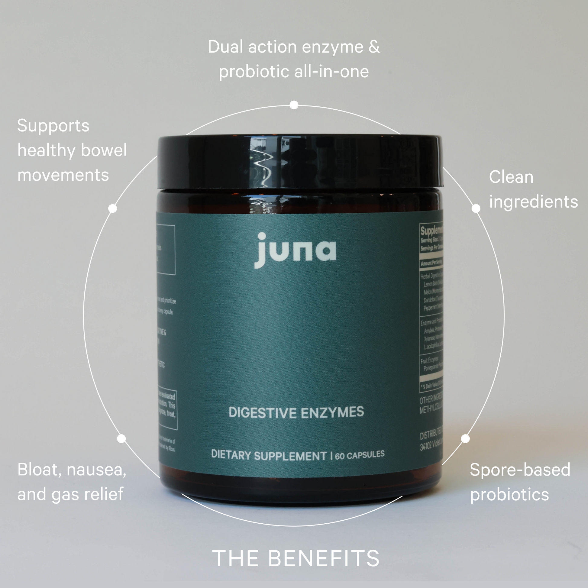 A dark green bottle of Juna's Detox Digestive Enzymes dietary supplement features text highlighting its benefits: dual action digestive enzymes and probiotics, spore-based probiotics, clean ingredients, debloat relief, and support for healthy bowel movements.