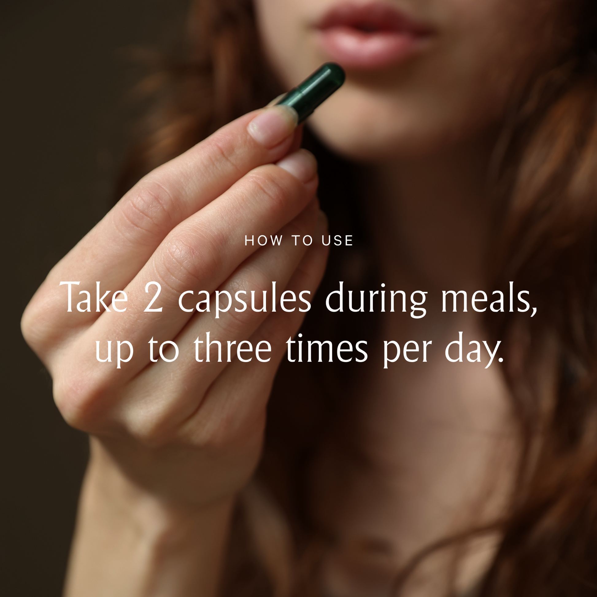 A person holding a green capsule near their lips with text overlay: "HOW TO USE: Take 2 capsules of Juna's Detox Digestive Enzymes during meals, up to three times per day.