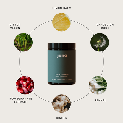 The image displays a jar labeled "Detox Digestive Enzymes" from Juna, surrounded by visuals of ingredients such as lemon balm and dandelion root, each accompanied by text labels. This clean design on a beige background emphasizes how these enzymes can naturally ease digestive discomfort.