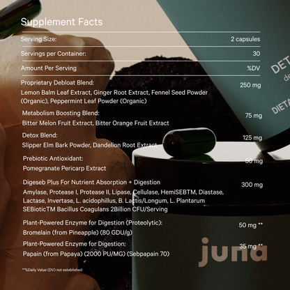 The image showcases the supplement facts label for Juna's Detox Digestive Enzymes, highlighting proprietary blends that include digestive enzymes and spore-based probiotics. The label is set against a soft-focus background with a calming green hue and promises effective support for digestion and debloating.