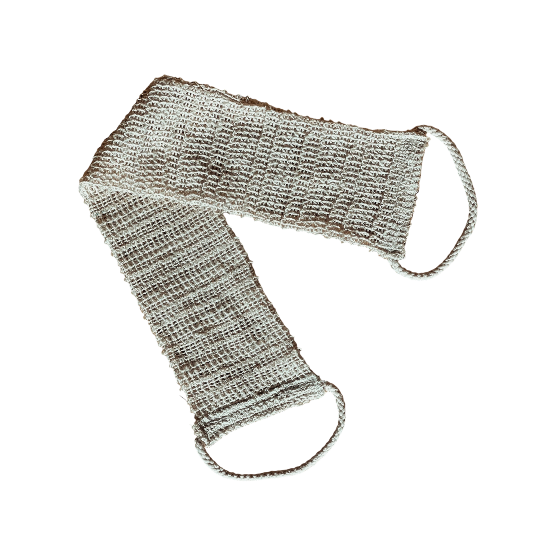 The Back Body Scrubber by LENI is a long, beige, textured bath or shower scrub crafted from woven material. It has loop handles at each end for easy grip and use. The slightly rough fabric is ideal for exfoliating and improving circulation during dry scrubbing sessions. The solid black background enhances the scrub's visibility.