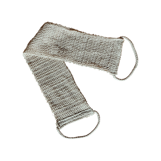 The Back Body Scrubber by LENI is a long, beige, textured bath or shower scrub crafted from woven material. It has loop handles at each end for easy grip and use. The slightly rough fabric is ideal for exfoliating and improving circulation during dry scrubbing sessions. The solid black background enhances the scrub's visibility.