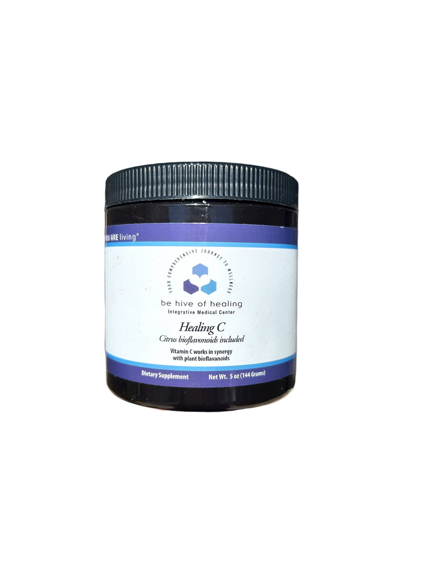 A dark brown jar with a black lid, labeled "Healing C Powder - Vitamin C Supplement" from "Be Hive of Healing Wellness Store." The label highlights vitamin C-rich plant isolates, antioxidant bioflavonoids, and anti-inflammatory effects. Net weight: 5 oz (144 grams).