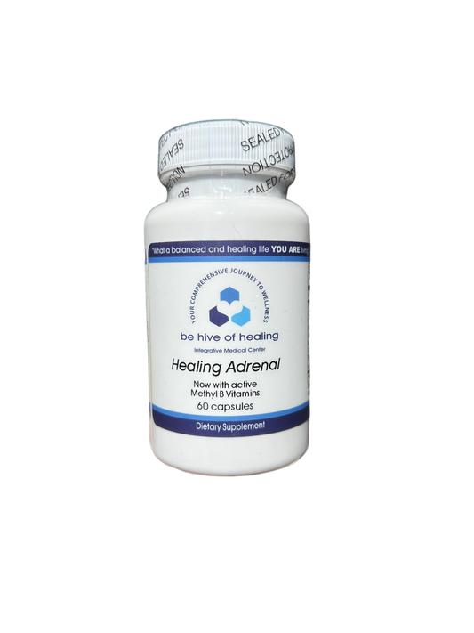 A white bottle with a blue label containing 60 capsules of "Healing Adrenal - Energizing Supplement" for adrenal support. The label mentions active Methyl B Vitamins and the brand "Be Hive of Healing Wellness Store". This adaptogen supplement comes with a sealed cap for protection.