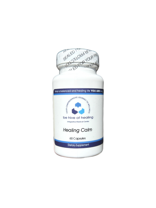 A white bottle with a label reading "Be Hive of Healing Wellness Store" and "Healing Calm - Stress and Anxiety Relief Supplement." The bottle contains 60 capsules and is marked as a dietary supplement. The label also mentions a "Comprehensive Journey to Healing" and offers natural treatment for insomnia. It has a sealed cap.