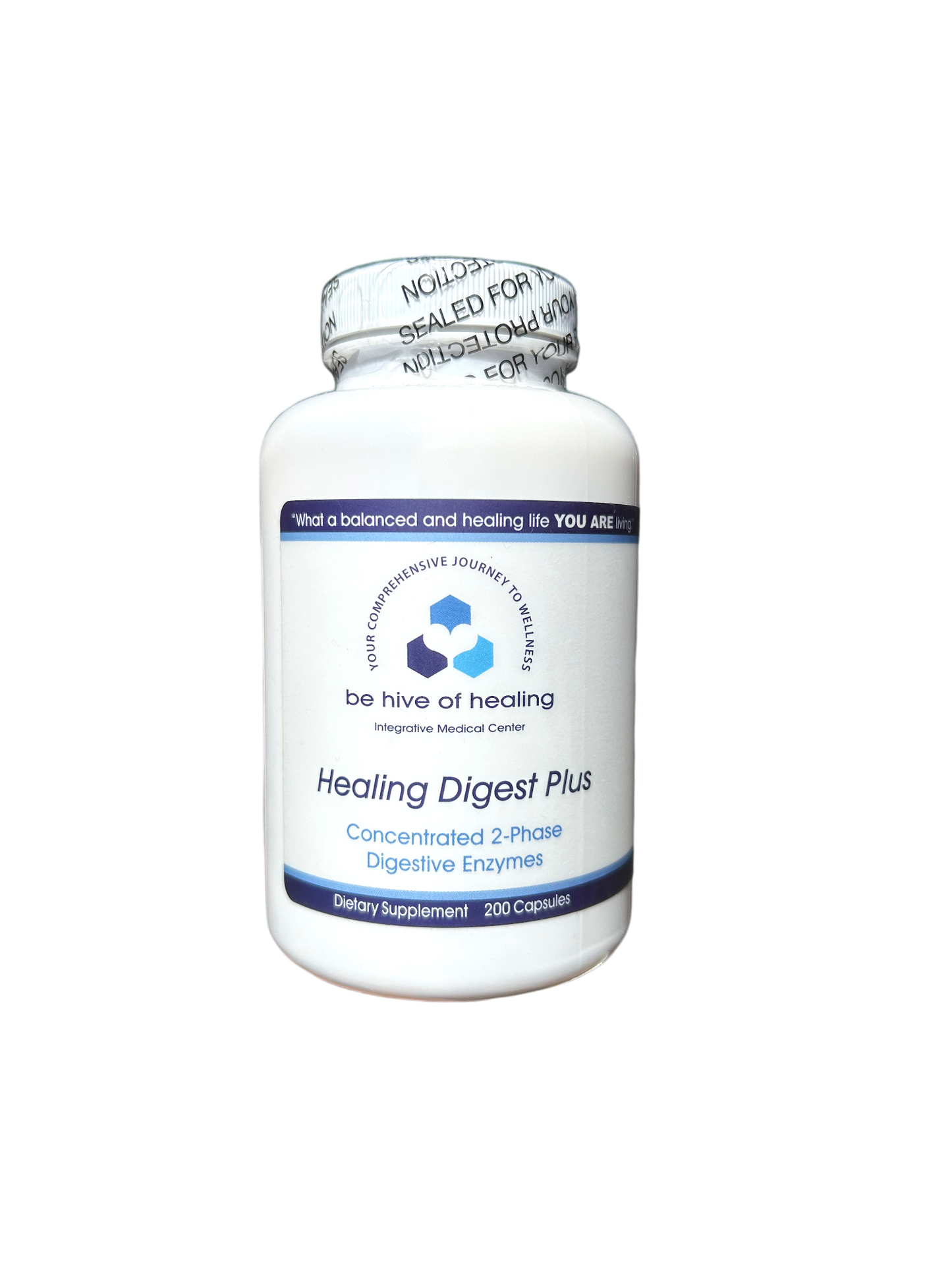 A white bottle labeled "Healing Digest Plus - Digestive Enzyme" from the "Be Hive of Healing Wellness Store" featuring a blue hexagon logo. This dietary supplement contains 200 capsules of concentrated 2-phase digestive enzymes. The bottle is sealed with a white seal on top that bears black text reading "SEALED FOR YOUR PROTECTION.