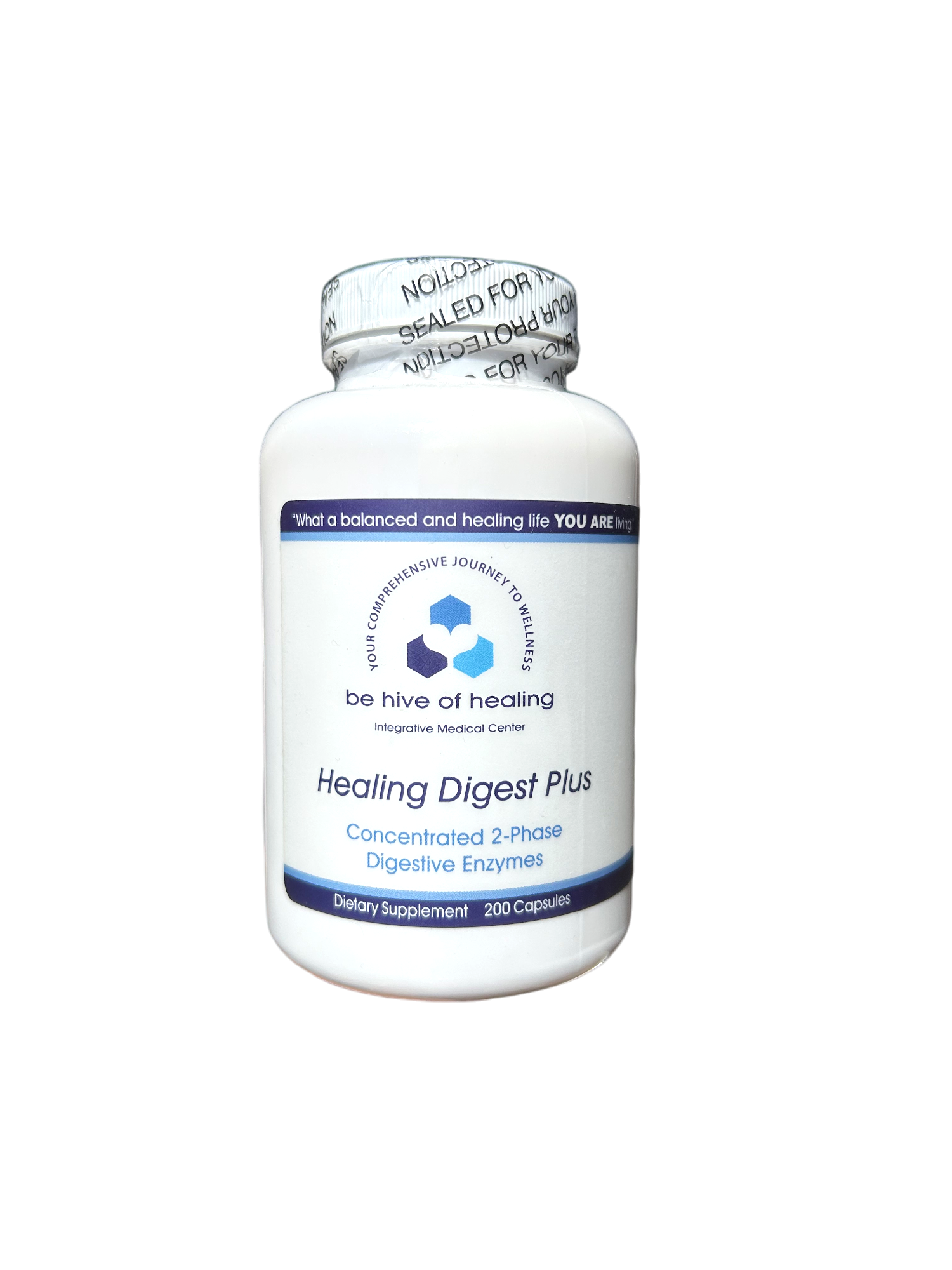 A white bottle labeled "Healing Digest Plus - Digestive Enzyme" from the "Be Hive of Healing Wellness Store" featuring a blue hexagon logo. This dietary supplement contains 200 capsules of concentrated 2-phase digestive enzymes. The bottle is sealed with a white seal on top that bears black text reading "SEALED FOR YOUR PROTECTION.