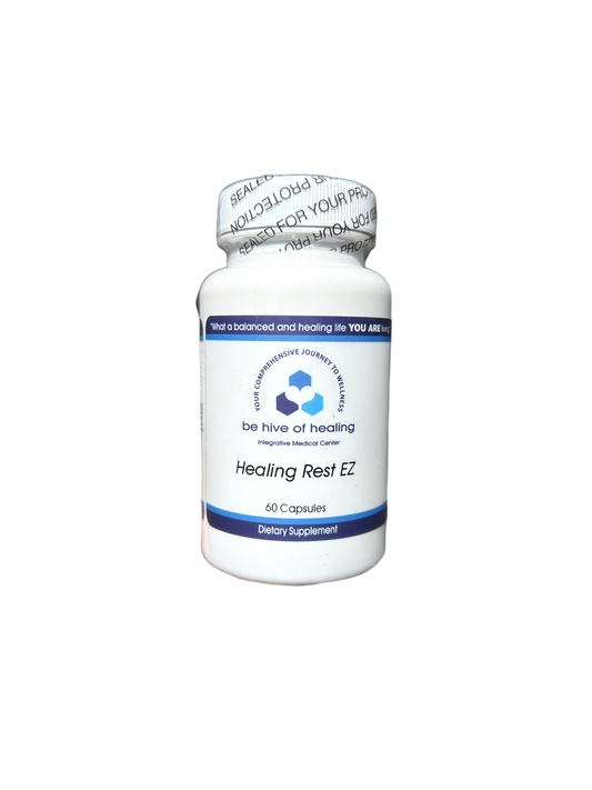 A white bottle labeled "Healing Rest EZ - Sleep Supplement" from Be Hive of Healing Wellness Store, containing 60 natural dietary supplement capsules. The sealed cap bottle features blue accents on the label, making it ideal for those seeking relief from insomnia and anxiety.