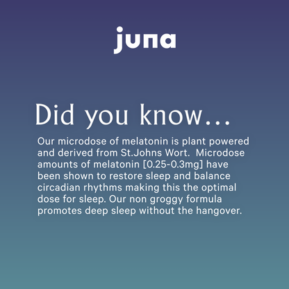 An informational graphic with a gradient blue background featuring text. Header reads, "Did you know..." followed by information about Nightcap Sleep Gummies by Juna, which contain melatonin derived from St. John's Wort and other functional botanicals, designed to restore sleep and balance circadian rhythms. Promotes deep, restorative sleep without grogginess.