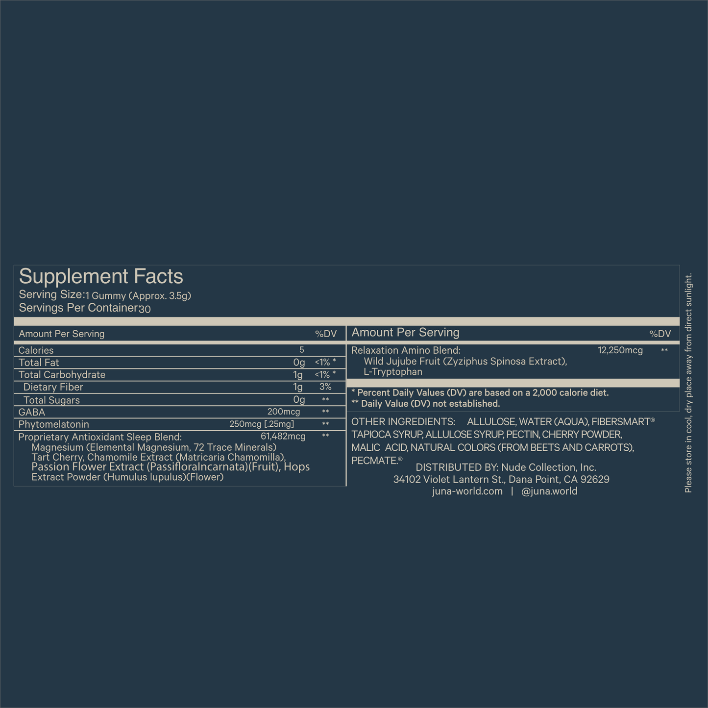 A supplement facts label for "Nightcap Sleep Gummies" by Juna detailing serving size, calories, nutritional content, and ingredients. Notable elements include a relaxation amino blend, melatonin, functional botanicals like various fruit extracts and natural flavors for the perfect sleep aid.