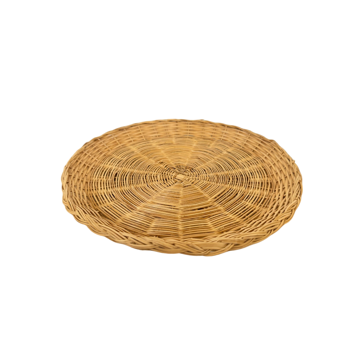 This set of 4 Vintage Woven Plate Holders by Shoppe Maison features round, flat wicker baskets with an intricate woven design in a natural brown hue. Shown empty against a plain black background, they evoke the charm of unique vintage homewares.